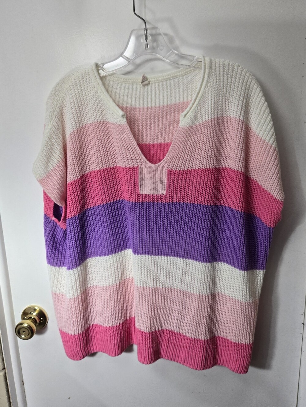 Shewin Striped V-Neck Knit Sweater Pink, Purple & Cream Size 2XL
